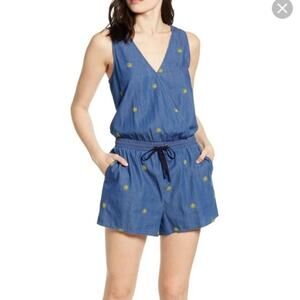 Splendid x Gray Malin Denim Blue Chambray Sun Embroidered Romper Size Large